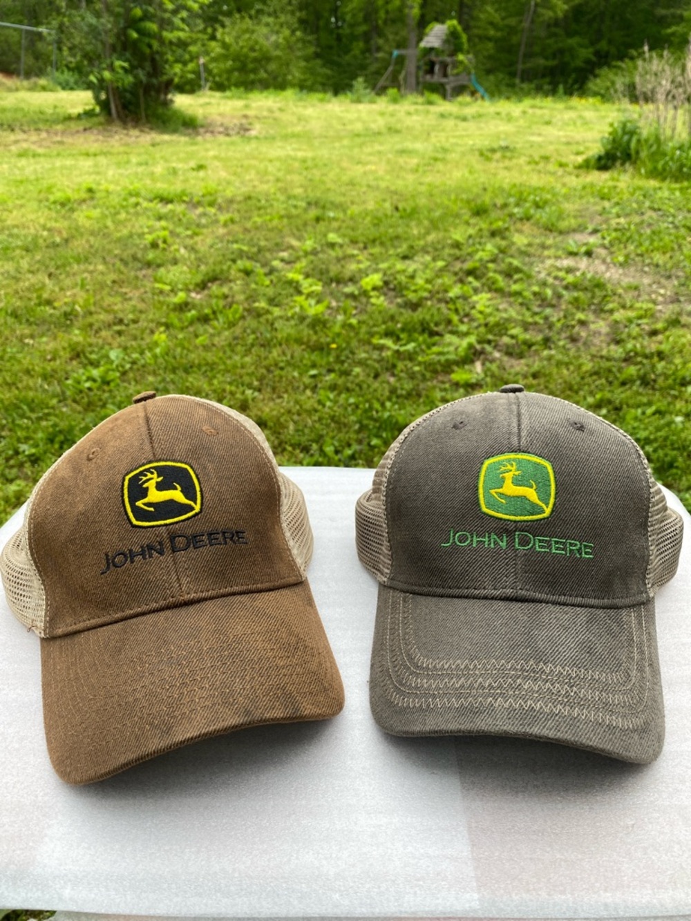 John Deere Brown and Charcoal Snapback Mesh Trucker Hats Embroidered Logo (Pair)